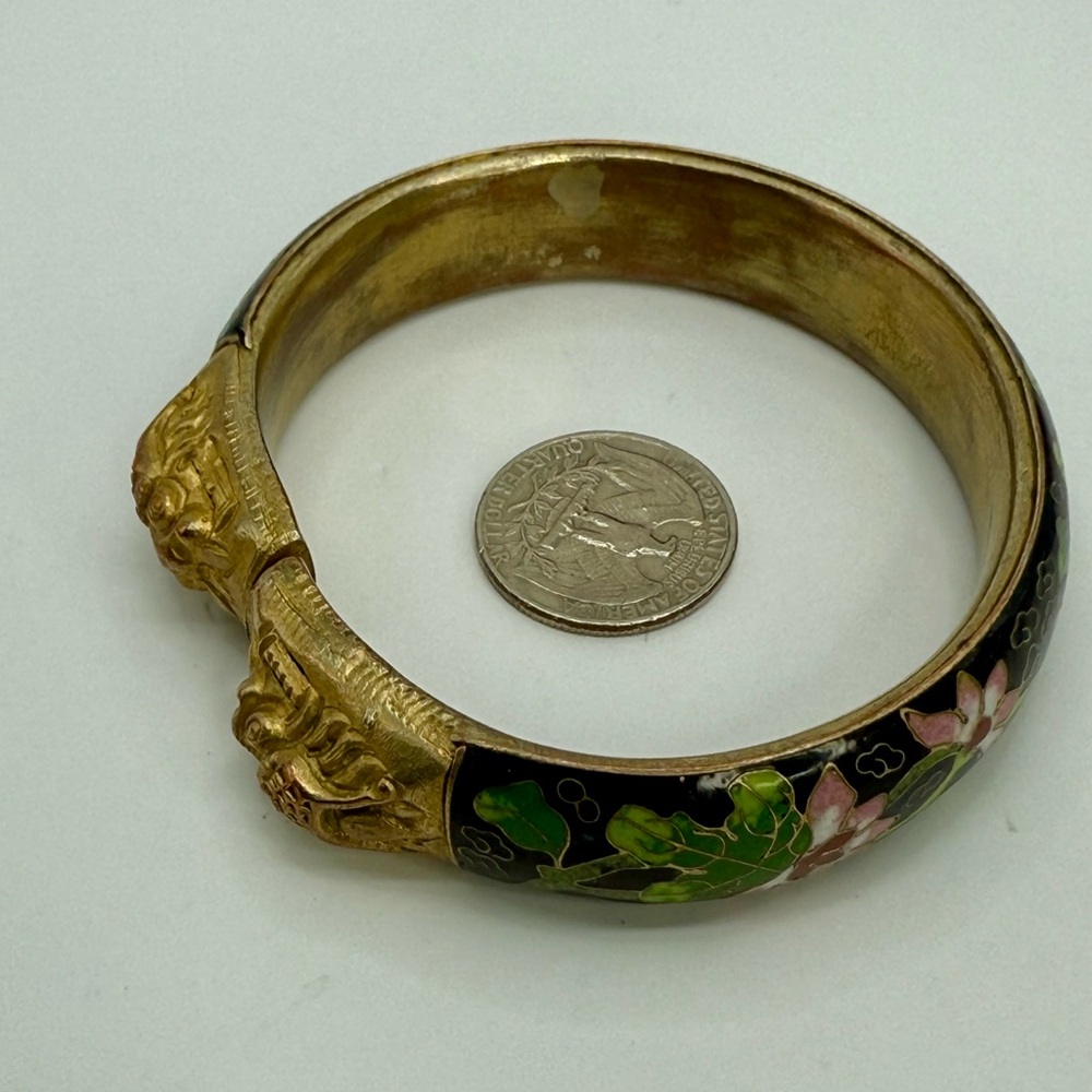 Vintage Cloisonné Twin Dragon Bangle Bracelet Black Enamel Floral 2.5” - Picture 15 of 17